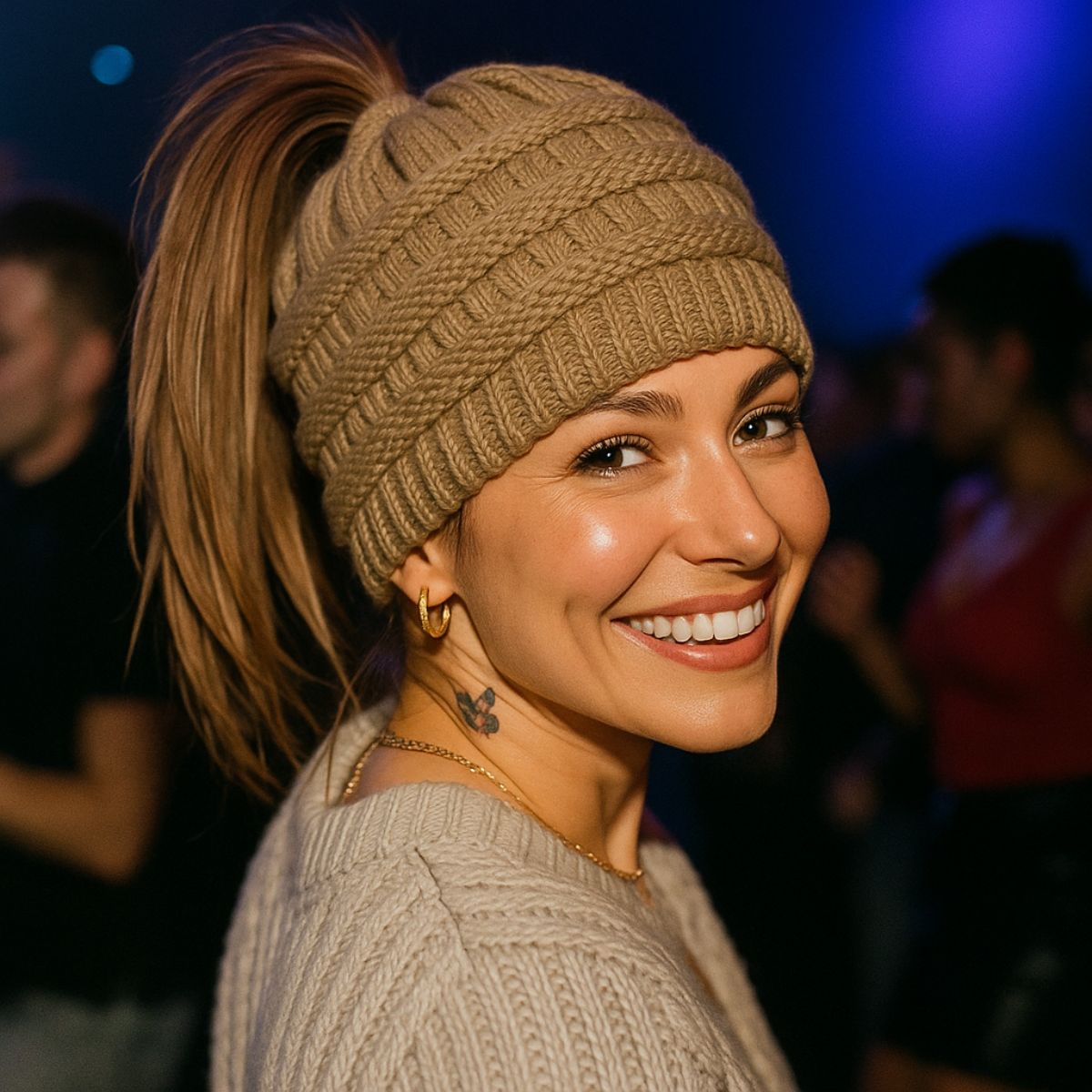 Ponytail Beanie Cap – Stretchy, Stylish & Warm (Cherry Red)